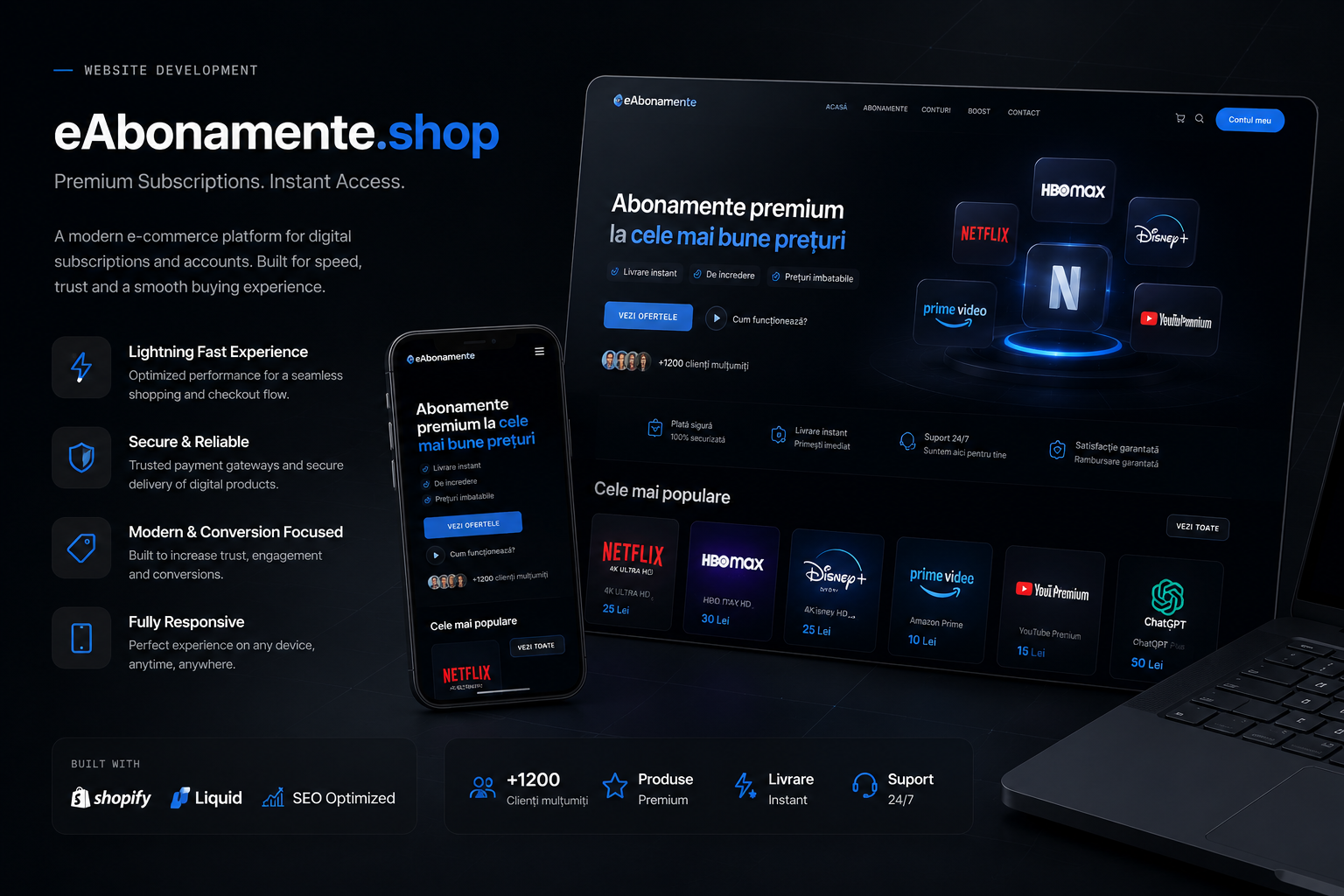 eAbonamente.shop e-commerce platform shown on laptop and mobile