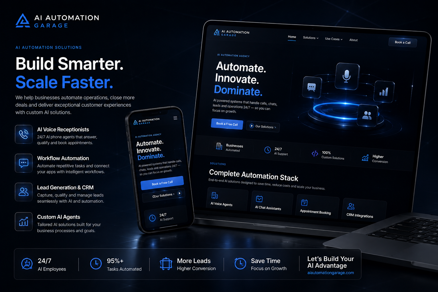 AI Automation Garage platform shown on laptop and mobile