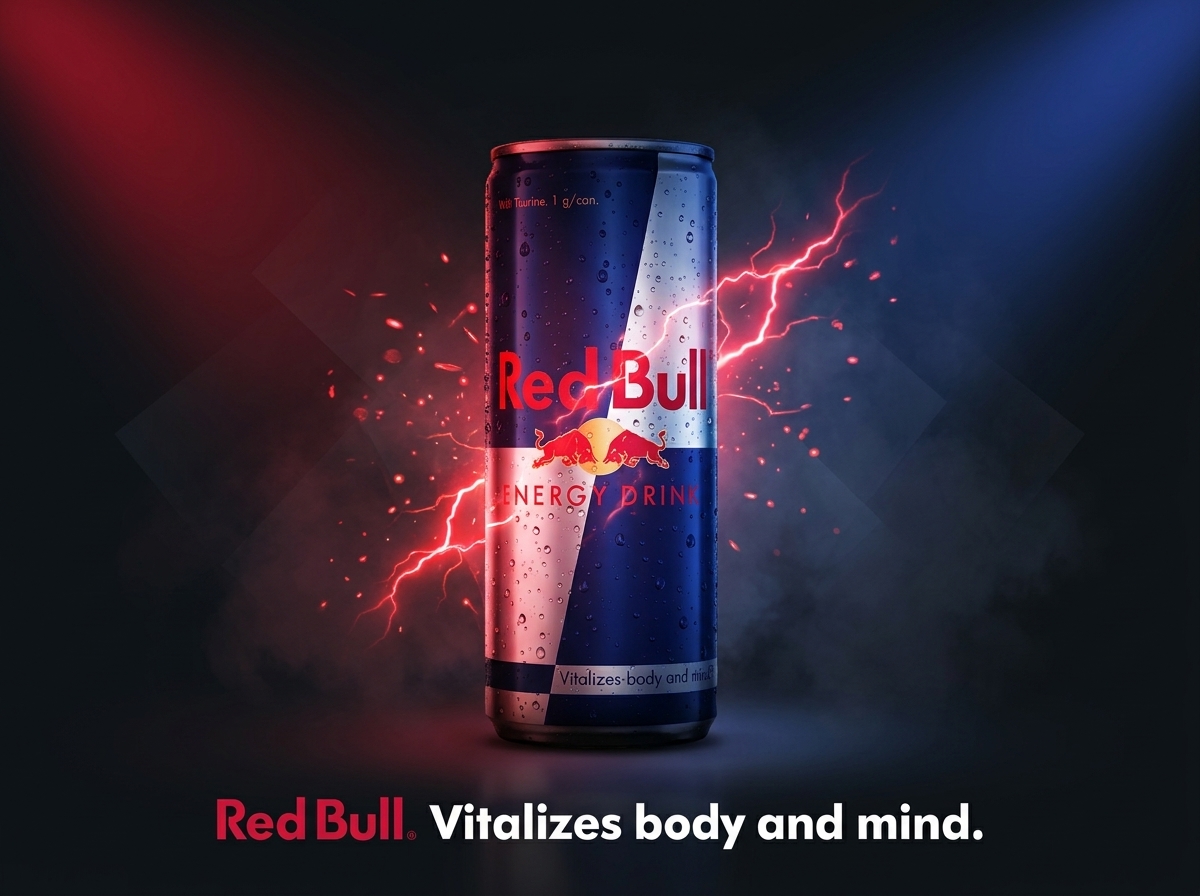 Spec product commercial concept: energy drink can lit with dramatic red and blue studio light.